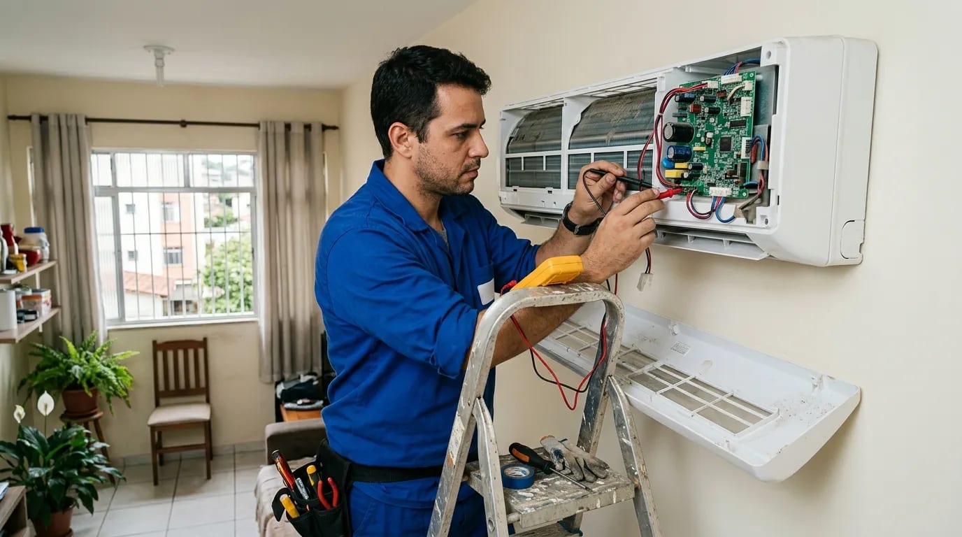 Eletricista ligando a placa do ar-condicionado split em Londrina‑PR